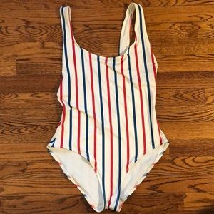 Solid & Striped, red cream and blue striped bathing suit, size L